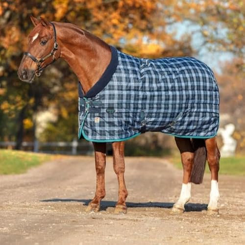Rhino Vari-Layer - Coperta per stalla, 400 g, misura 87, colore: blu navy a quadretti (bordo blu-verde)