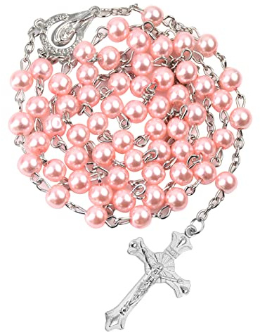 Karjiaja Pearl Rosary Beads Catholic Necklace Glass Beads Necklace with Crucifix Charms Long Rosary Beads Necklace Prayer Beads Necklace Catholic Rosary Necklace for Men Women, Pink,Silver