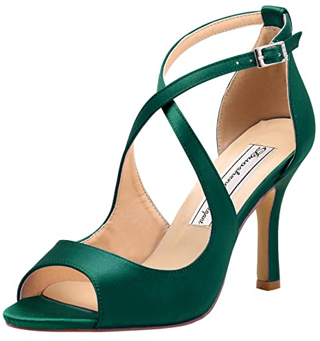 Duosheng & Elegant HP1820 Zapatos de tacón alto con tiras cruzadas, hebilla, punta abierta, satén, zapatos de noche, zapatos de fiesta, zapatos de boda, zapatos de novia, sandalias, verde oscuro, 38