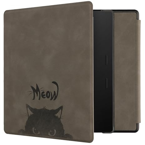kwmobile Hülle kompatibel mit Amazon Kindle Oasis 10. Generation Hülle - Kunstleder Cover - Katze Meow Grau Schwarz