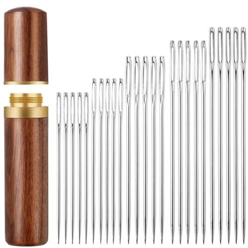 Juego de agujas de coser de alta calidad con estuche de agujas de madera, 25 agujas de ojo grandes para coser y bordar a mano
