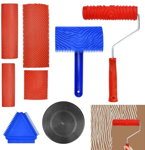 SLTAXAR 8 Pcs Outil de Grain de Bois en Caoutchoucpeigne en Caoutchouc Décor Faux Bois Grain à Effet Bois Rouleau Peinture Effet Bois Rouleau Imitation Bois Rouleau Effet Bois Peigne Faux Bois