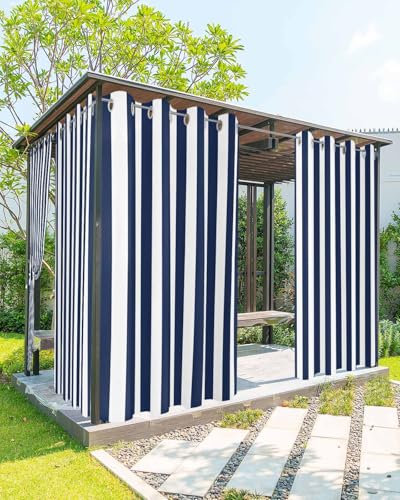 Striped Outdoor Curtains for Patio Waterproof Weatherproof,Navy Blue and White Outdoor Curtains, Sun Blocking Privacy Grommet Outside Curtains Stripe Drapes for Gazebo Porch Pergola,1 Panel,54W x 84L
