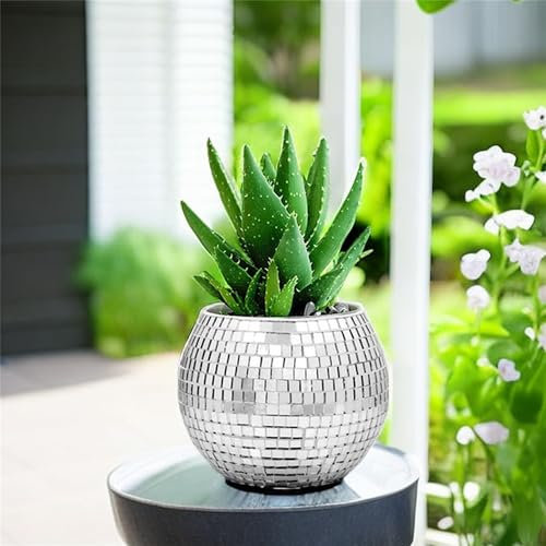 ROSEONE Discokugel Blumentopf,Klein Discokugel Vase,Discokugel Pflanztöpfe,Spiegelkugel Pflanzgefäß,Glas Disco Kugel Übertöpfe Discokugel Deko für Party Büro,Küche (Silber, 4 * 5 * 5 Zoll)