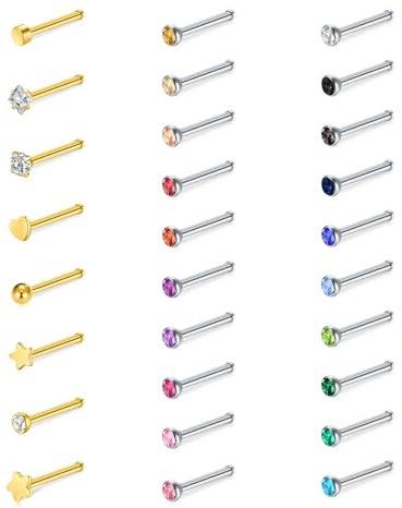WillTen 30 st rak näsdubbar silver, 20 g näsring knopp rak eller L-formad kirurgisk rostfritt stål liten nosdubbar, liten näsa piercing smycken silverben skruvar näsdubbar för kvinnor, 7mm x 2mm