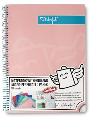 Mr. Wonderful - Libreta A4 Rosa - 240 páginas cuadriculadas Microperforadas - Tapa Extradura - Encuadrenación en Espiral- Incluye pegatinas