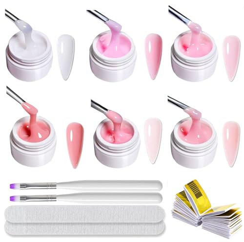Kit de Gel para Uñas 6 Colores, Gel UV de Construcción Rosa para Extensión Modelado Base de Refuerzo, con Cepillo y Moldes de Uñas para Principiantes y Profesionales
