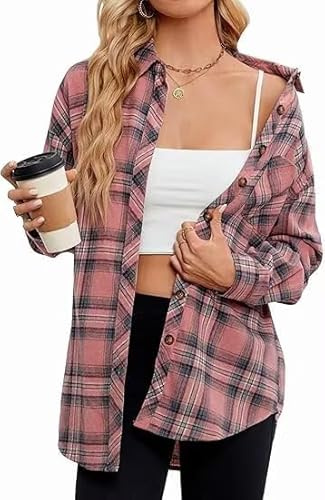 LACOZY Camicette da Donna in Flanella a Quadri a Maniche Lunghe Camicia Buffalo a Quadri con Collo Button Down, Plaid rosa., XL