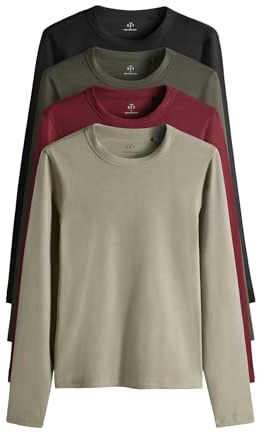 THE SET Femme T-Shirt côtelé à Manches Longues, Lot de 4 Black/Berry/Khaki/Neutral S