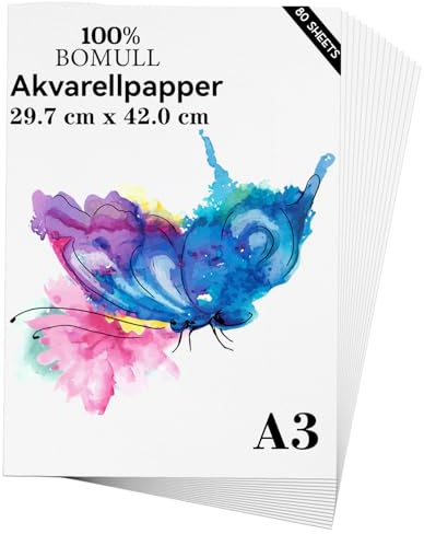 Akvarellpapper A3 (29,7 cm × 42 cm) 80 ark, kraftigt 300 g/m² kallpressat naturligt bomullspapper för studenter och konstnärer, akvarellmålning
