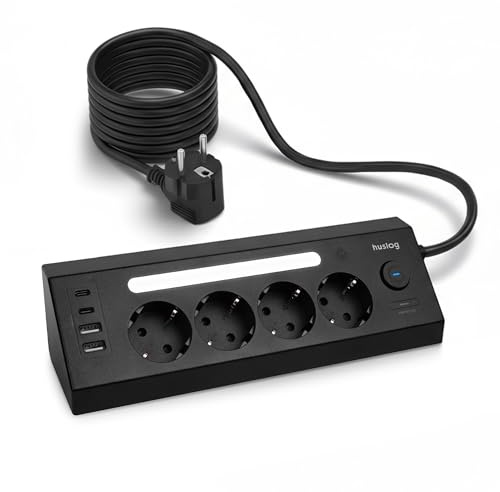 Huslog Steckdosenleiste mit 4 Schuko Steckdosen, 4 USB Ports (2×USB-C & 2×USB-A), LED Nachtlicht, Überspannungsschutz, 3680W, Mehrfachsteckdose mit Schalter, Wandmontage möglich – Schwarz