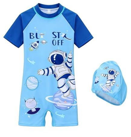 NautySaurs Boys One Piece Swimsuit, Short Sleeve Swimwear Set with Cap, Kids Rash Guard with Zipper, Astronaut Swimming Costume for Children Aged 4-5 Years(Light Blue)