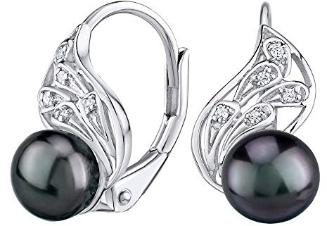 SILVEGO Damen Ohrringe aus 925 Sterling Silber mit echter schwarzer Perle in Farbe Tahiti auf Blattmotiv