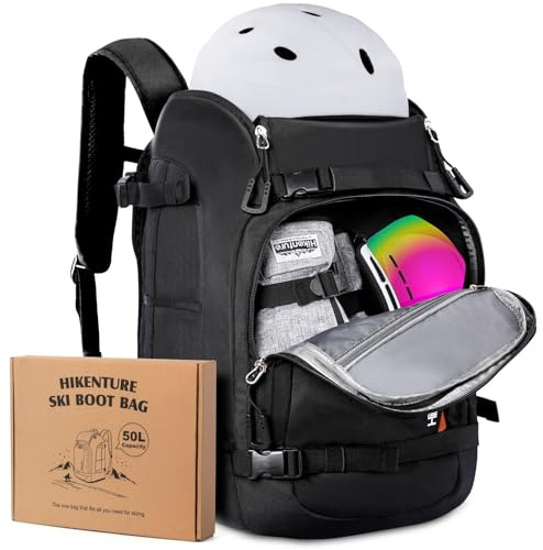 Hikenture Ski Boot Bag Backpack, 50L Padded Ski Bag Snowboard Boot Bag with Drain Holes, Large Capacity Water-Resistant Ski Travel Bag for Ski Boots, Helmet, Goggles, Clothes, Gloves, Snowboard Gear