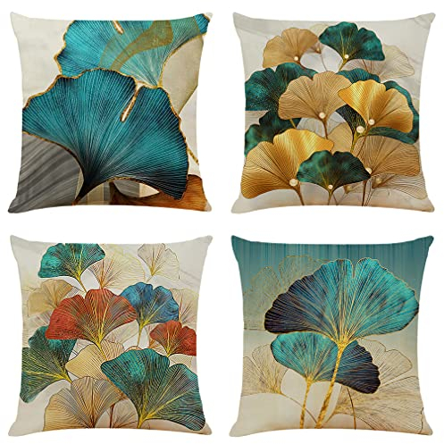 NIULAA Decorativos Lino Fundas de Cojines 45x45 Sofa Set de 4 Verde Azulado Moderno y Hojas Doradas Fundas de Almohada Decoración Ginkgo Fundas Cojines Cuadrados Exterior Jardin