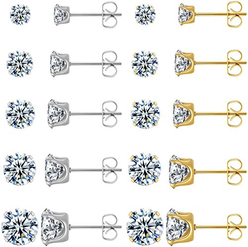 10 Pairs Surgical Steel Stud Earrings Set and 14K Gold Plated Hypoallergenic Studs Earrings for Women, Stainless Steel Cubic Zirconia Waterproof Non Tarnish