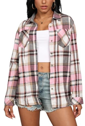 KevaMolly - Camicetta in Flanella a Quadri per Donna, vestibilità Ampia, Stile Boyfriend, con Bottoni, a Maniche Lunghe, Casual, S