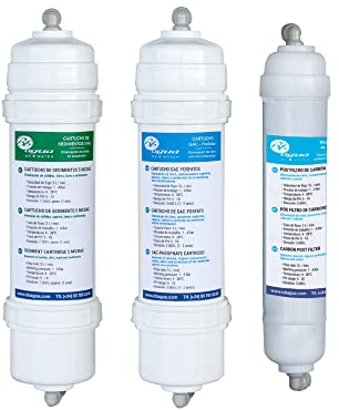 Pack de 3 filtros inline para equipos de Osmosis Inversa. Conexión rápida. Incluye cartucho de 1 sedimentos de 5 Micras, 1 cartucho GAC fosfatos y 1 postfiltro. Bbagua.