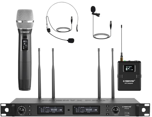 Phenyx Pro Sistema microfono wireless a UHF vera diversità con microfoni palmari/Bodypack/archetto/da bavero, scansione automatica, 2x1000 canali per palcoscenico e studio (PTU-2U-1H1B)