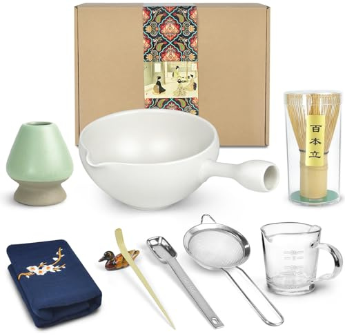 Artcome Kit de ceremonia de matcha para ceremonia de té japonesa, cuenco con boquilla de vertido y mango, batidor, cuchara de té, colador de polvo matcha, juego de té matcha para hacer Usucha, Koicha