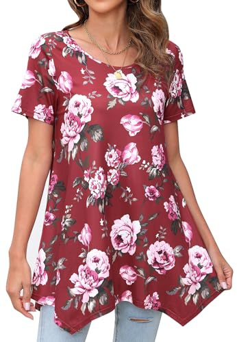 Enmain Tunic Tops for Women Short Sleeve Ladies Burgundy Tunics Casual Summer Top for Leggings Loose Floral Red Blouse T-Shirt Round Neck L