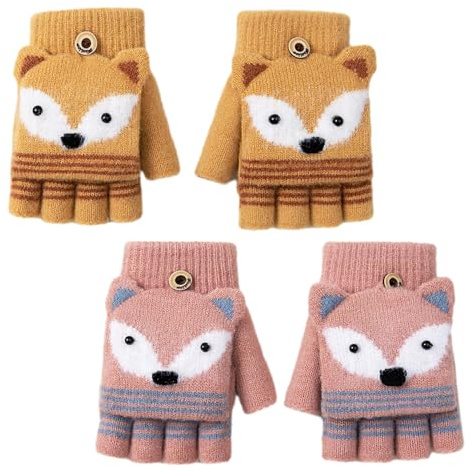 2 stycken fingerlösa tecknade barnhandskar, konverterbara flipvantar, flip-stickade handskar, vinterhandskar för pojkar och flickor (beige, rosa), Beige, rosa,, 11,5 * 9,5 cm