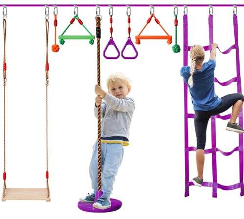 AOBOTE Ninja Warrior Obstacle Course for Kids-Slackline 52ft with 9 Accessries,Awing Seat,Climbing Net,Monkey Bar -Obstacle Course Outdoor-Playset Equipment for Girls & Boys