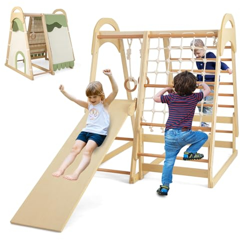 HOMASIS 6 en 1 Escalada para Niños con Tobogán, Parque Infantil con Rocas de Escalada/Escalada/Anillos de Gimnasia/Red de Escalada/Barra de dominadas para Niños a partir de 3 años, Natural
