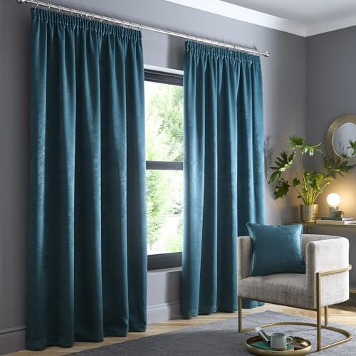 Fusion - Forest Green Curtains W90 x L90 (229 x 229cm) - 100% Cotton - 2x Panels - Pencil Pleat Curtains in Green - Soundproof Curtain & Thermal Curtains for Bedroom - Green Pleated Curtains & Drapes