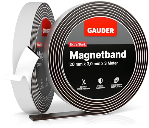 GAUDER Magnetband selbstklebend stark (3m x 20mm) | Magnetstreifen mit extra starkem Kleber | Magnetklebeband