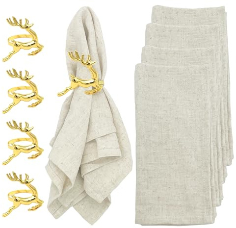 4 PCS Servilletas de Tela 40 x 40 cm con 4 Servilleteros, Lino y Algodón Lavables y Reutilizables para Uso Diario, Hogar, Fiesta, Boda, Decoración de Mesa