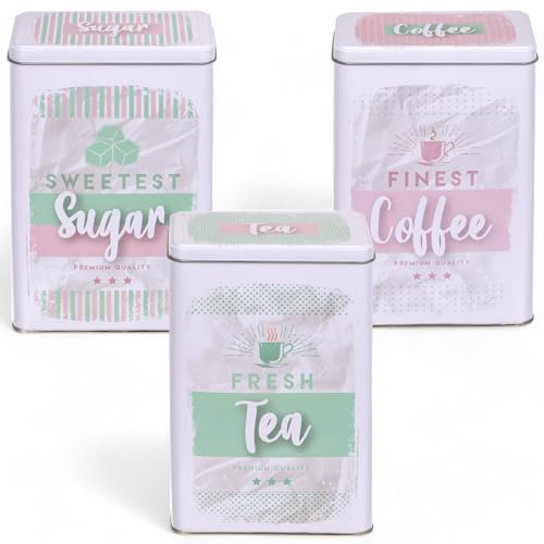 MIJOMA Juego de 3 latas de metal retro con tapa, diseño vintage, para café, té, azúcar, lata de café, té, azucarero, 19 x 11 cm (rosa menta, blanco)
