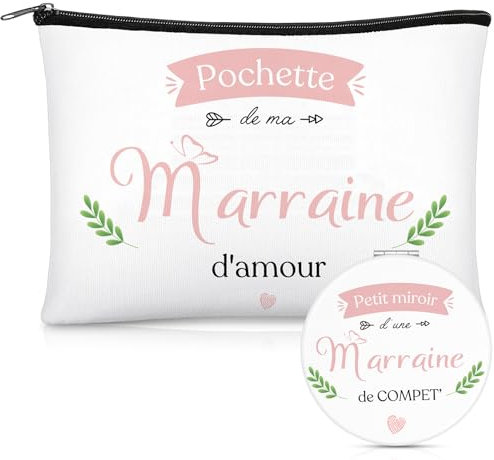 Xuniea 2 Pièces Cadeaux pour Marraines Trousse de Maquillage et Miroir de Maquillage de Marraines Petit Miroir de Poche Trousse de Toilette pour Proposition Baptême Anniversaire Première Communion