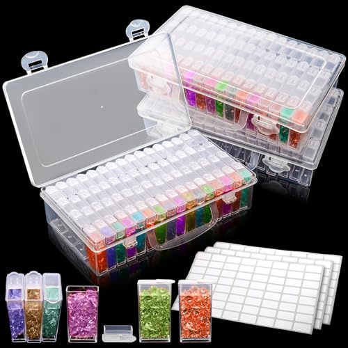 Pumtus 3 Pack Diamond Art Storage Containers, 192 Grids Acrylic Bead Box with Label Stickers, 5D Diamond Painting Case, Embroidery DIY Art Craft Storage Jar for Sewing, Nail, Rhinestone, Seed