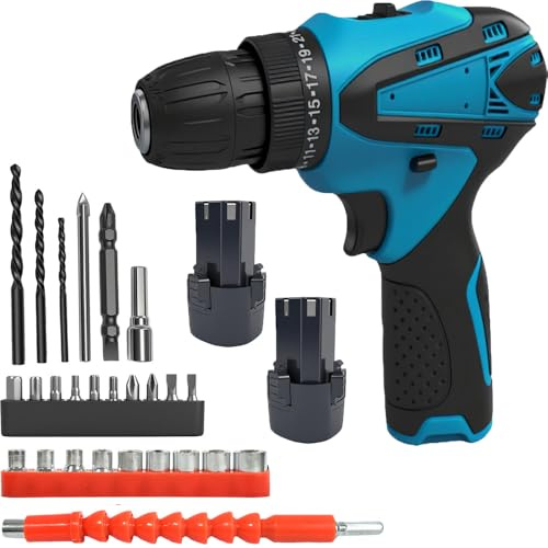 Akkuschrauber, 12V Akku Bohrschrauber Set, 25+1 Akkubohrer 25Nm Drehmoment Max mit 2x3000mAh Akku, 23tlg Zubehör und Tragetasche, 10mm Bohrfutter, 2-Gang, LED-Licht, Klein Akku Schrauber