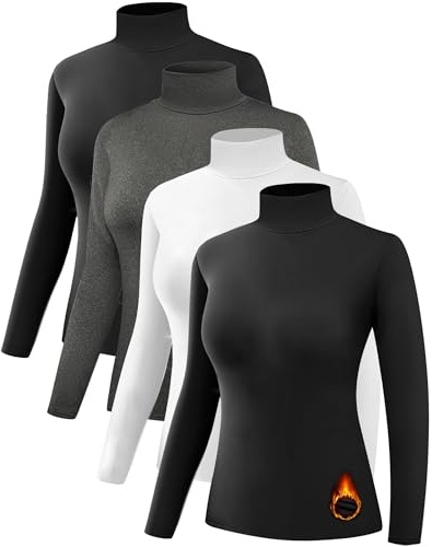 Dalavch 4 Pack Women’s Thermal Turtleneck Shirts, Women Turtle Neck Fleece Lined Compression Long Sleeve Base Layer Tops 2 Black 1 Heather Gray 1 White Large