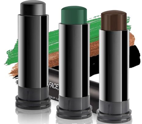 3 Pezzi Kit Trucco Mimetico per il Viso,Stick Camouflage (Nero,Marrone,Verde) per Caccia,Paintball,Airsoft,Cosplay Militare,Halloween,Outdoor e Survival