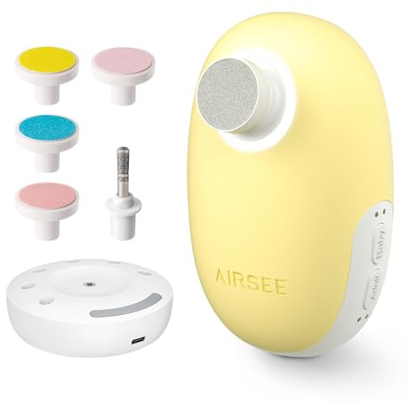 AIRSEE Baby Nail Trimmer Electric, Newborn Nail Clipper with Light, Safe & Easy Electric Nail File Baby Nail Clippers Baby Nail Care Set with LED Light, 6 Replacement Heads & Storage Case, Yellow