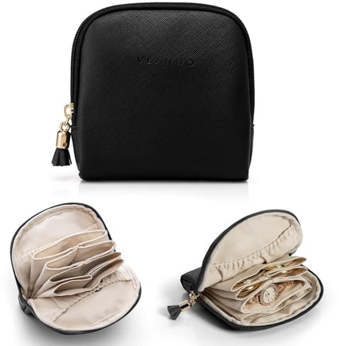 VLANDO Small Jewelry Travel Case,Travel Essentials for Women,Jewelry Pouch Bags with Zipper,Velvet Jewelry Organizer Storage Bag for Bracelet Rings Earring-Black
