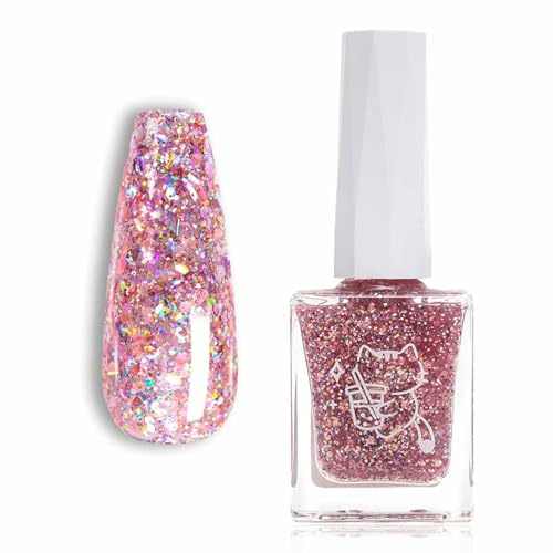 Glitter Nail Polish - Pink Glitter Nail Varnish - Long Lasting Holographic Nail Polish - Quick-Drying Shimmer High Glossy Sequins Nail Art Varnish for Women, No Need Cure (Pink)