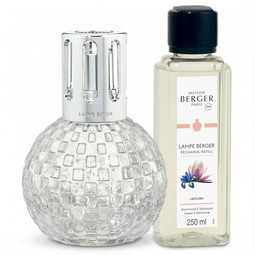 MAISON BERGER – Disco Lamp Gift Set – Checkerboard Round Catalytic Home Fragrance Diffuser with 250 mL / 8.45 fl oz Refill – Odor Neutralizing Lamp – Made in France (Transparent - Liliflora)