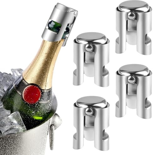 4 Piezas Tapón de Champán de Acero Inoxidable, 3.8x5.5cm Reutilizable Sellado al Vacío Tapones de Botella, Tapas de Botellas de Champán, para el Champán, el Prosecco y el Brillante, Plateado