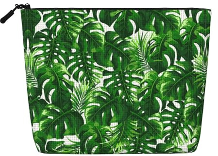 Monstera Deliciosa Banana Palm Large Cosmetic Organizer Fake Hemp Makeup Bag, Zippered Travel Pouch Water Resistant Daily Use