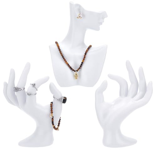 UNICRAFTALE Ensemble de Présentation de Mannequin de Bijoux Modèle de Bust en Forme de Corps Latéral en Résine Blanche Supports d'Affichage de Colliers avec 2Pcs Main de Mannequin Support pour Bijoux