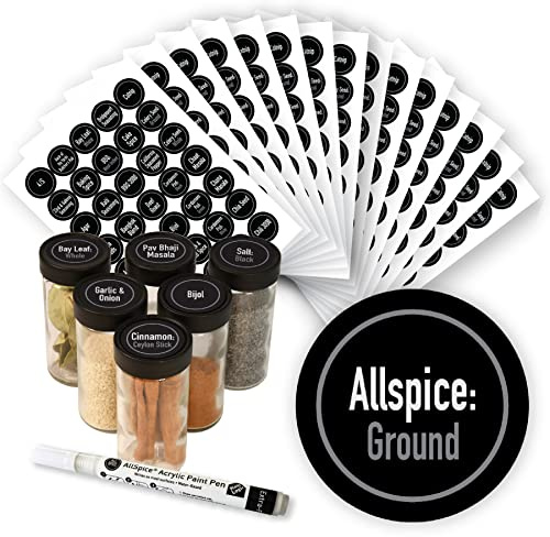 AllSpice Ultimate Spice Label Set 525 Preprinted Water Resistant Round Spice Jar Labels Set 1.5 with Extra Fine White Paint Pen(Modern Black)
