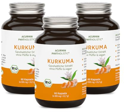 Stärkste Bio Kurkuma Kapseln - 40x effektiver - 15.000 mg Kurkuma Pulver/Tag - ohne Pfeffer - höchster Curcumin Gehalt - Curcuma Kapseln hochdosiert, vegan & hochbekömmlich - Acurmin Phytholistic