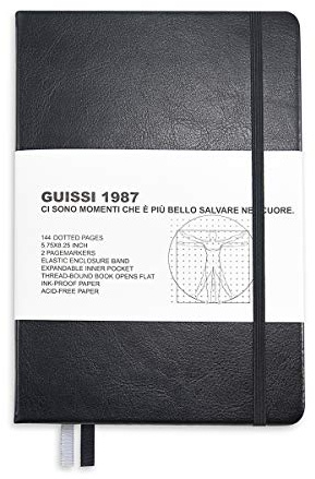 Guissi Classic Dotted Grid Bullet Notebook Journal Dot Hard Cover A5 Premium 80gsm Thick Acid-Free Paper with Fine Inner Pocket Faux Leather Office School Supplies 144 Pages Designed in Florence