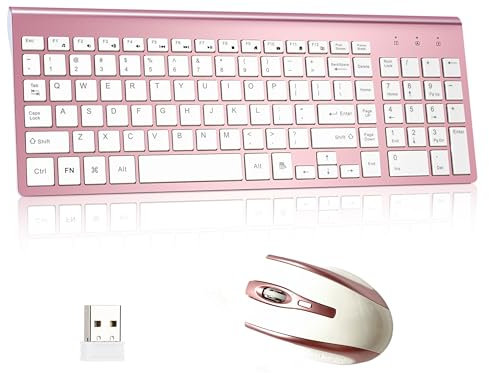 Wireless Keyboard and Mouse Combo 2.4G Compatible MAC PC Laptop Ultra Slim Laptop Desktop for Windows Android Silent Pink Wireless Keyboard Pink- (Rose Gold)