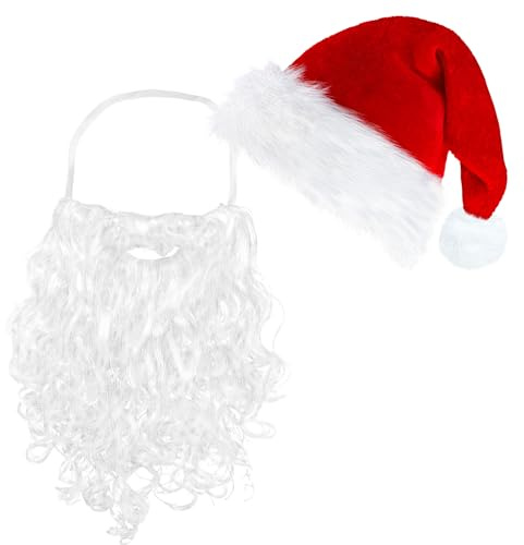ROSAUI Santa Hat and Beard Set for Adults - Classic Red Velvet Christmas Hat with Fluffy White Trim & Curly Santa Beard Funny Xmas Costume Accessory for Men & Women Party Cosplay