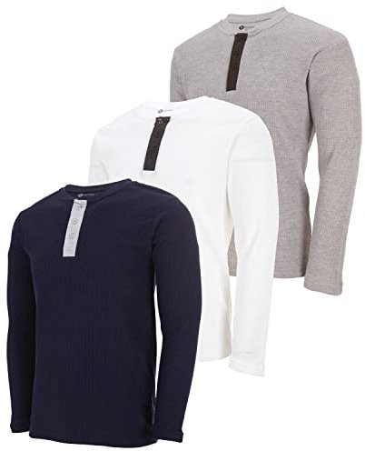 DARESAY Men's Thermal Crew Long Sleeve Henley Tops Base Layer Shirt-3 & 4-Pack (Up to 3X), 3-pack Set H, Medium